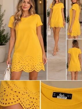 Yellow Eyelet-Hem Short Sleeve Dress